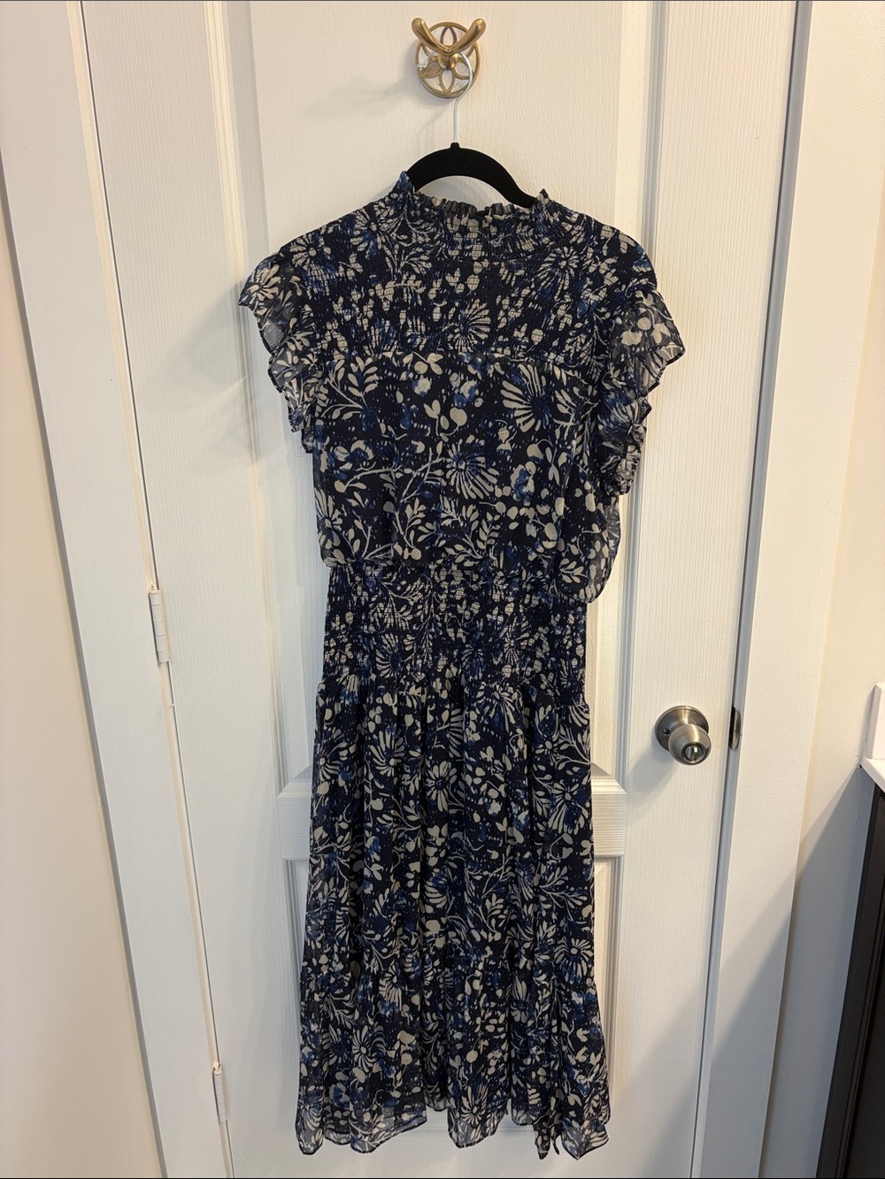 Aqua Navy and Cream Floral Smocked Midi Dress with Ruffle Sleeves